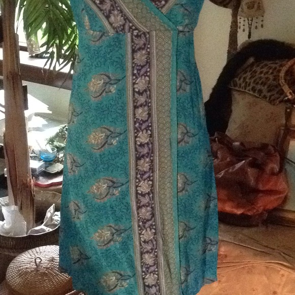 Silk wrap front dress turquoise print - Picture 2 of 5